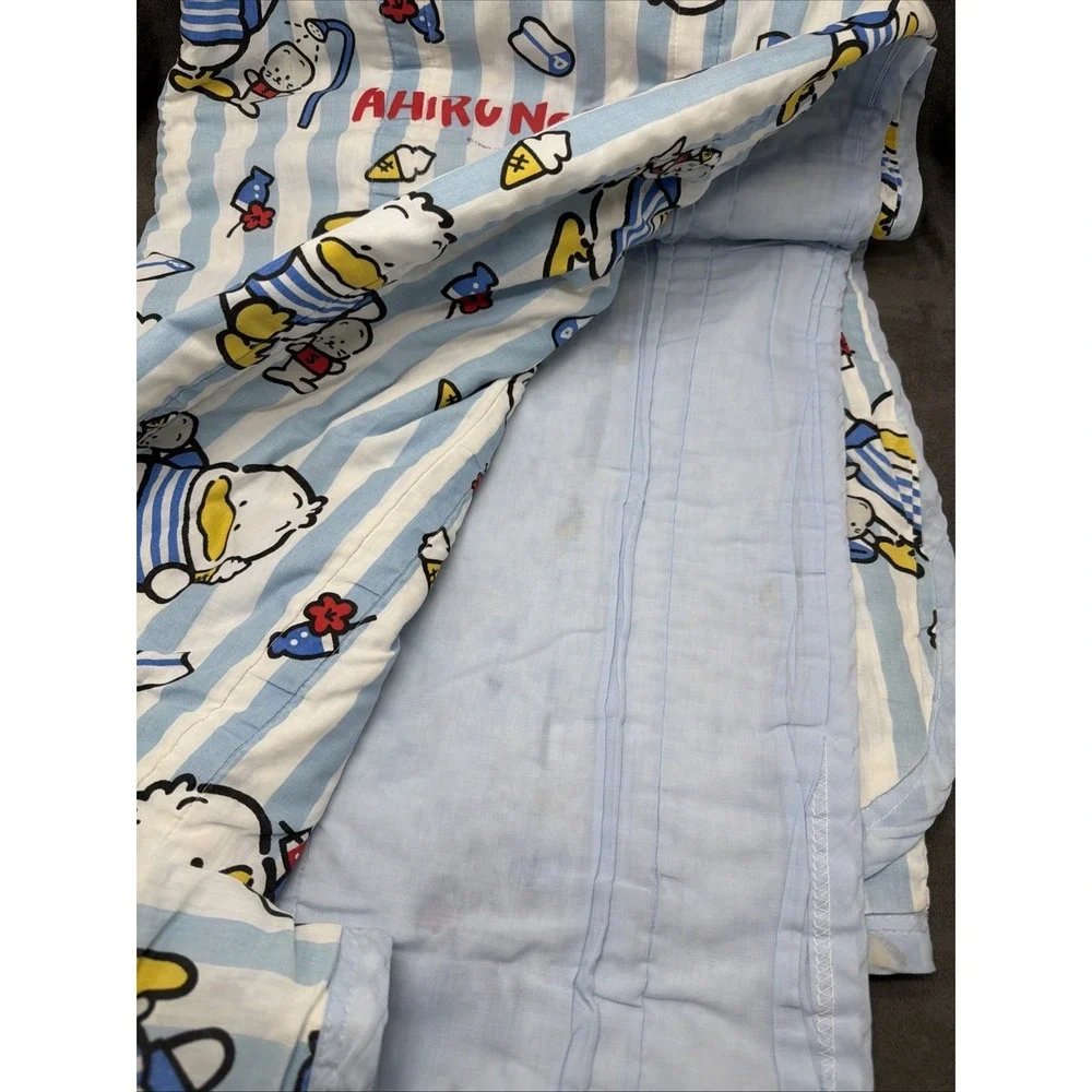 Vintage 1995 Sanrio Ahiru no Pekkle Blue Striped Handmade Quilt Blanket